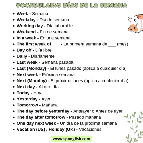 días de la semana en inglés vocabulario